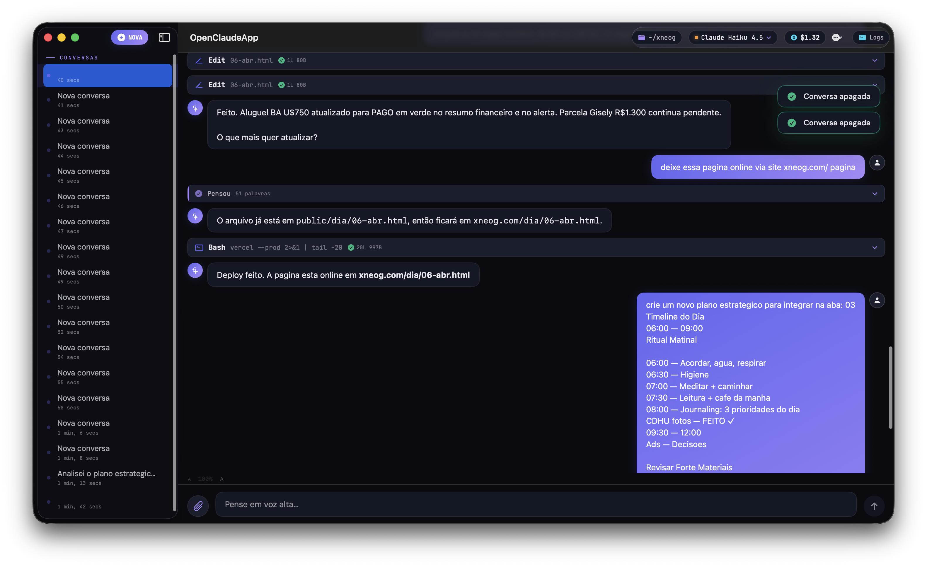 OpenClaudeApp · sessão de chat real com tool calls e cost tracking